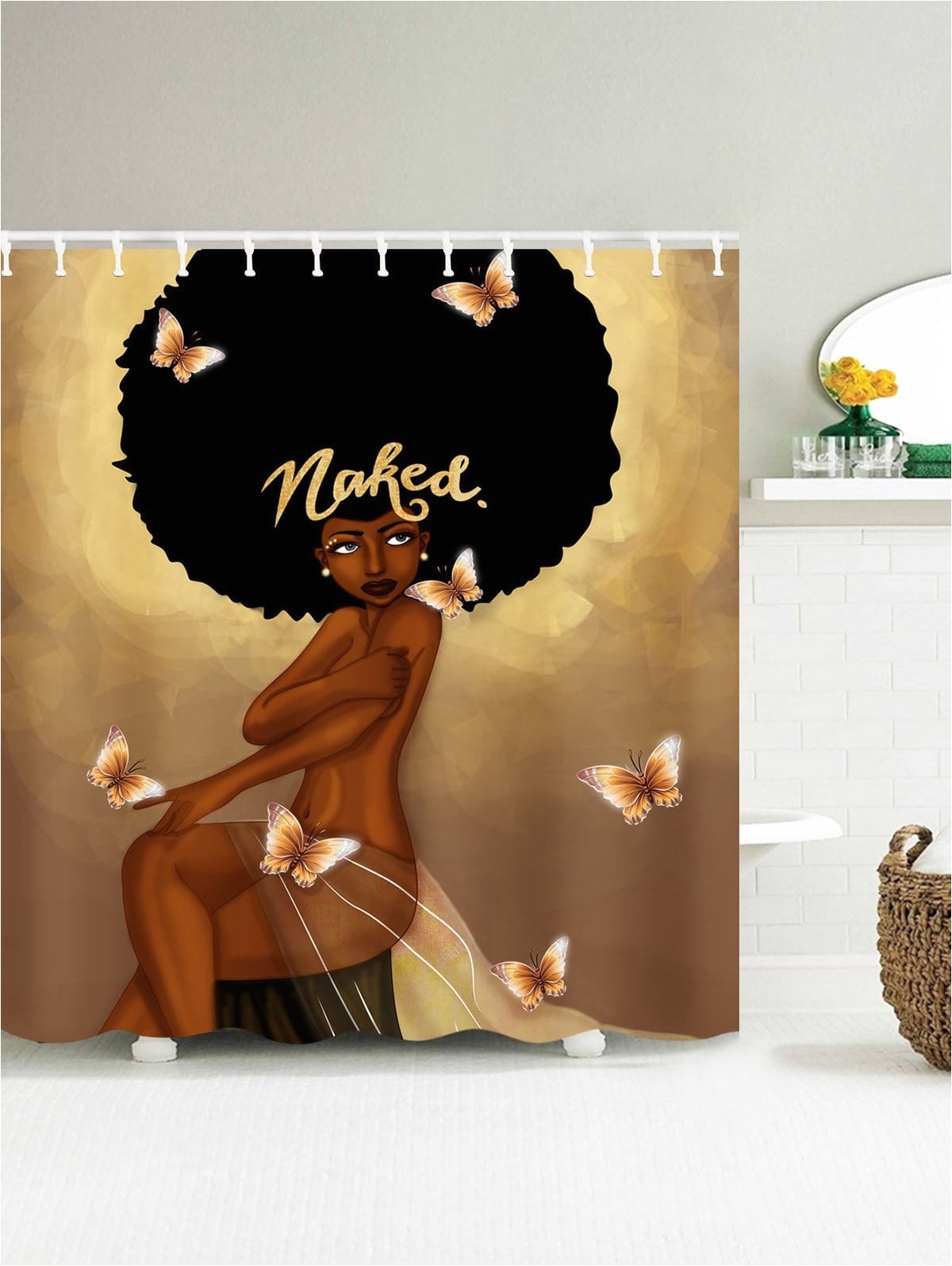 afro hair fashion girl have a bath shower curtain product2020196