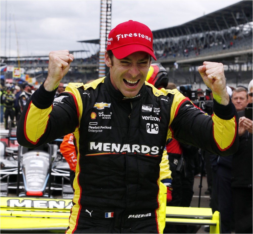 simon pagenaud celebrates after winning the angie s list grand prix of indianapolis saturday brian