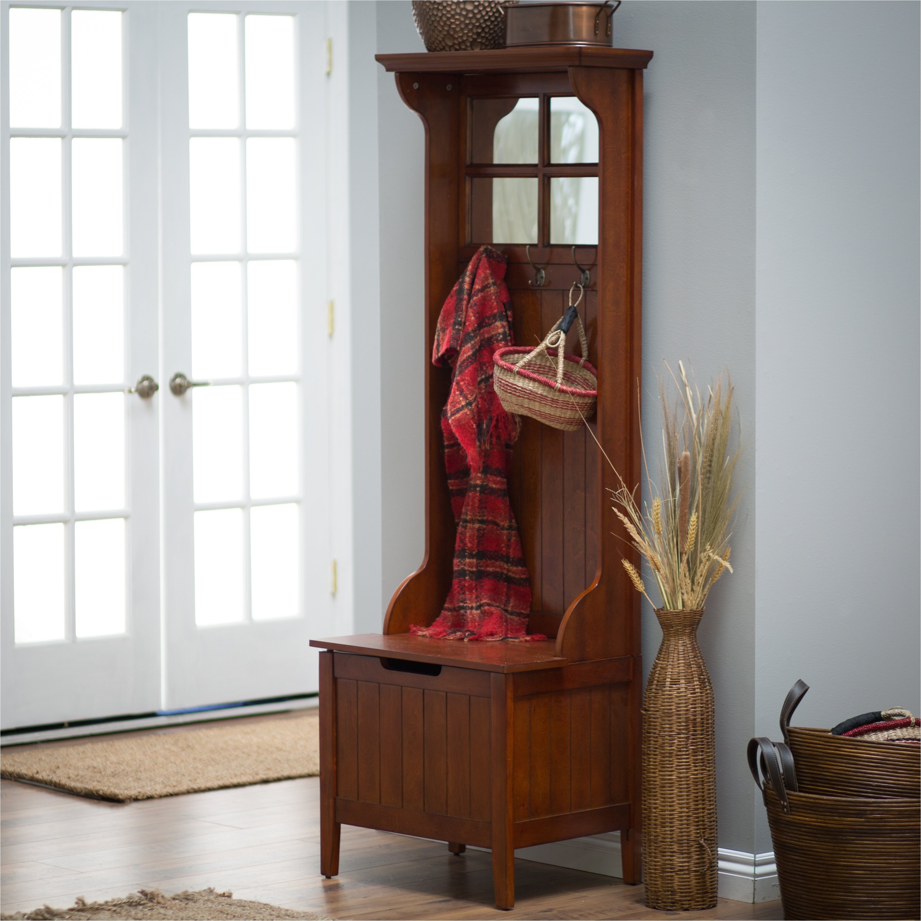 cherry entryway wood hall tree coat rack storage bench with mirror