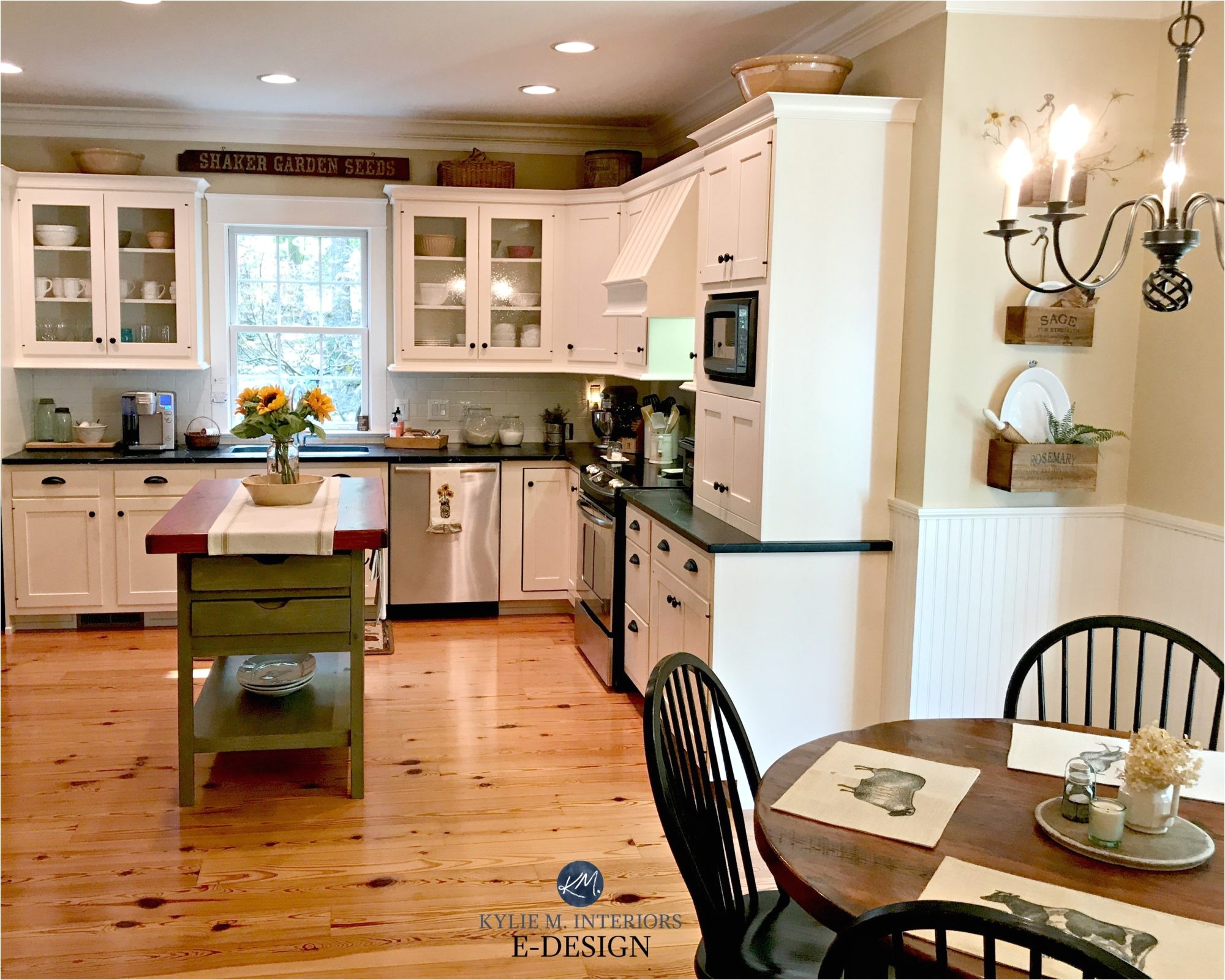 benjamin moore powell buff in white country farmhouse kitchen with pine wood flooring kylie m e design