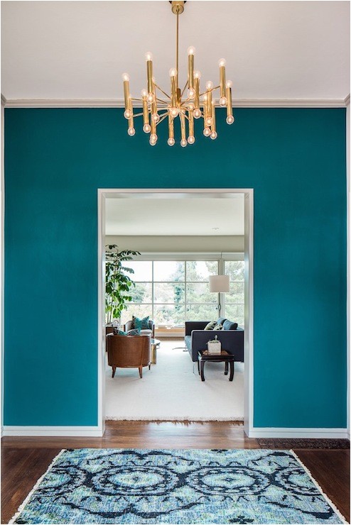 Benjamin Moore Galapagos Turquoise 2057-20 Galapagos Turquoise Walls and Ikat Rug Interiors by Color