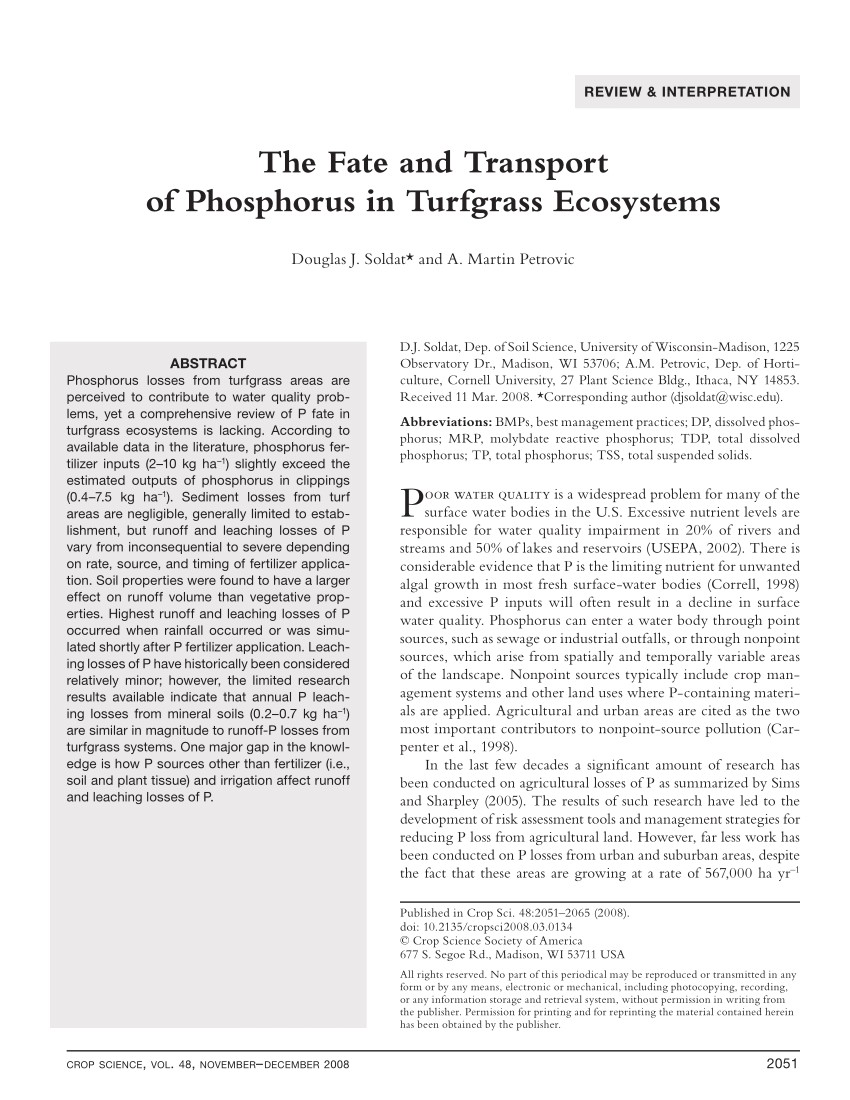 pdf the fate and transport of phosphorus in turfgrass ecosystems