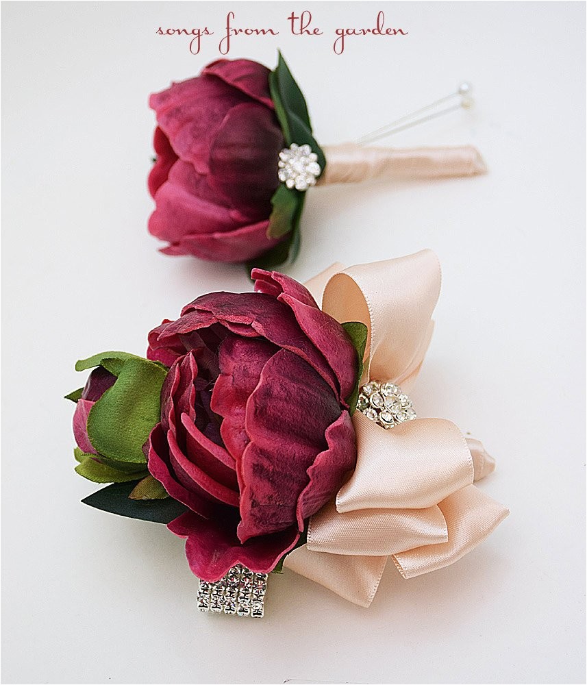 Burgundy Corsage and Boutonniere Burgundy and Champagne Real touch Peony Wedding Boutonniere