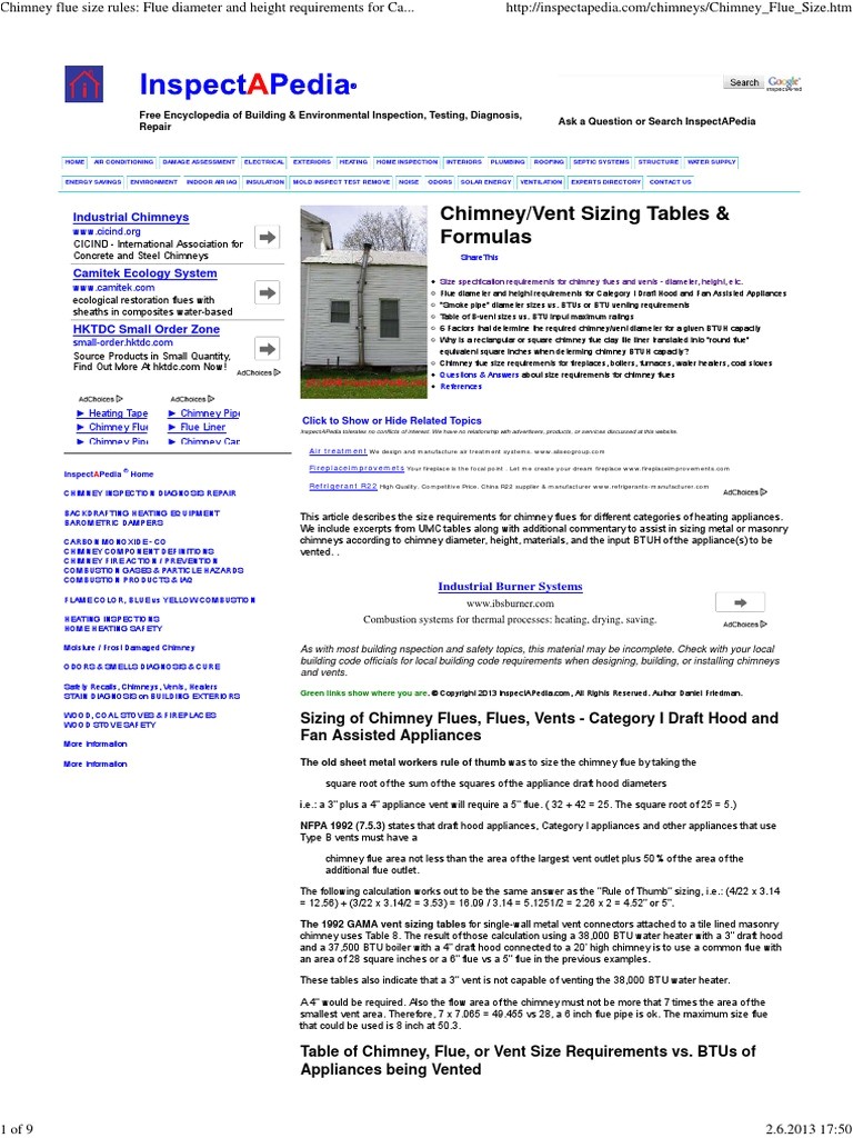 chimney flue size rules flue diameter and height requirements for category i draft hood and fan assisted appliances chimney fireplace