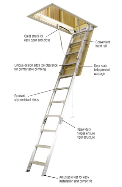 werner 8 ft 10 ft 25 in x 54 in aluminum attic ladder with 375 lb maximum load capacity 950beaa182bf716e