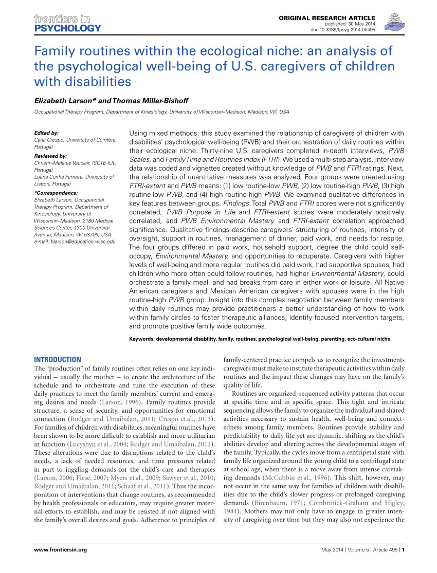 pdf family routines within the ecological niche an analysis of the psychological well being of u s caregivers of children with disabilities