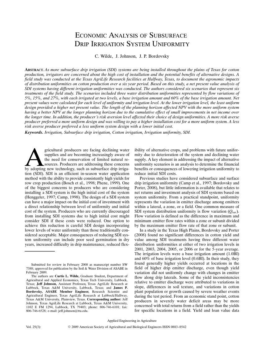 pdf economic analysis of subsurface drip irrigation system uniformity