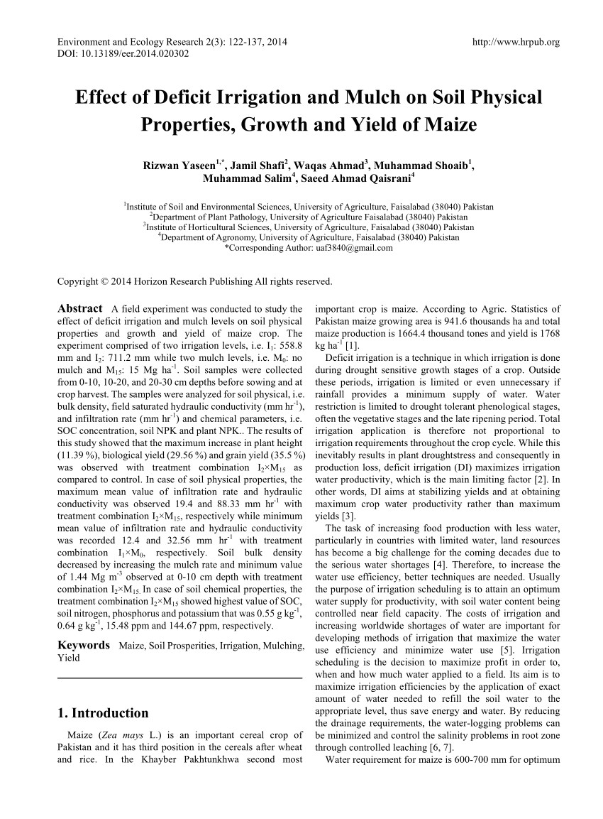 pdf effect of deficit irrigation and mulch on soil physical properties growth and yield of maize