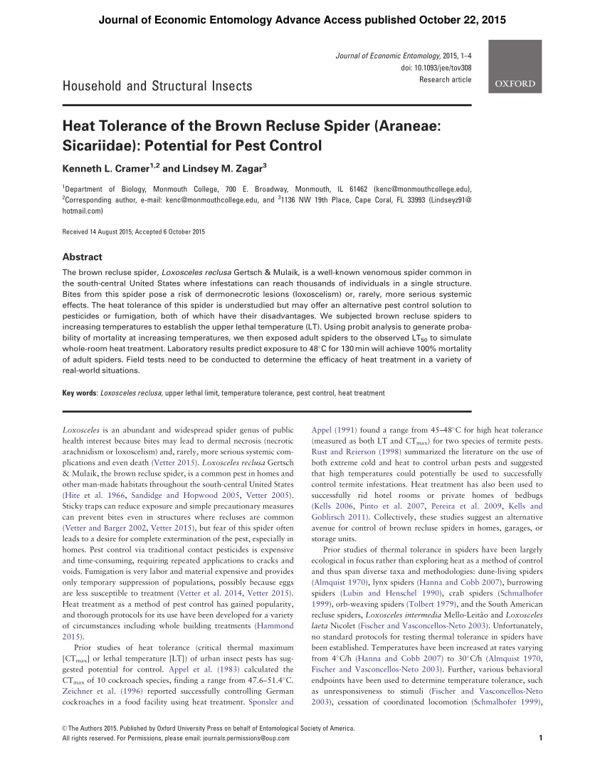 pdf heat tolerance of the brown recluse spider araneae sicariidae potential for pest control
