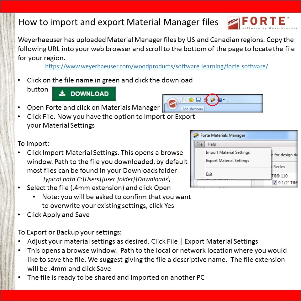 view instructions on how to import export material manager files