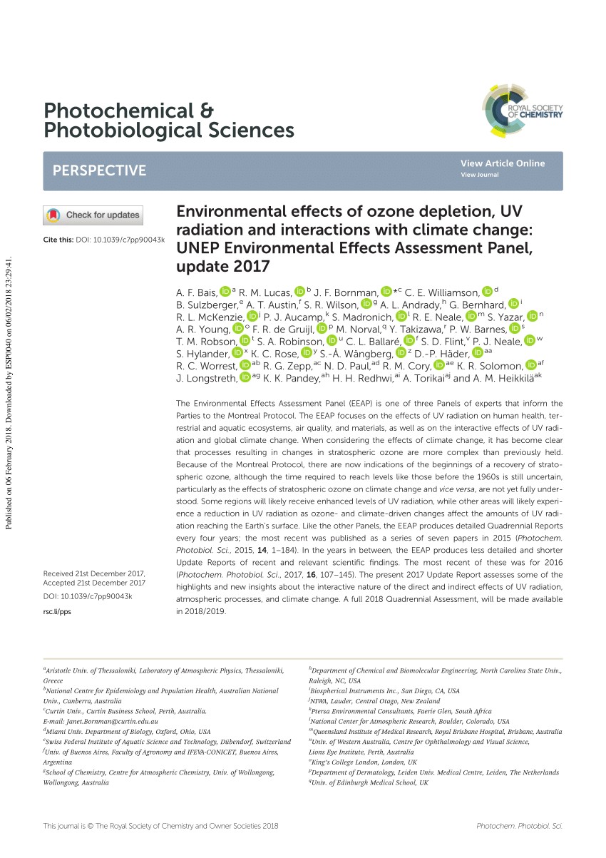 pdf environmental effects of ozone depletion uv radiation and interactions with climate change unep environmental effects assessment panel update 2017