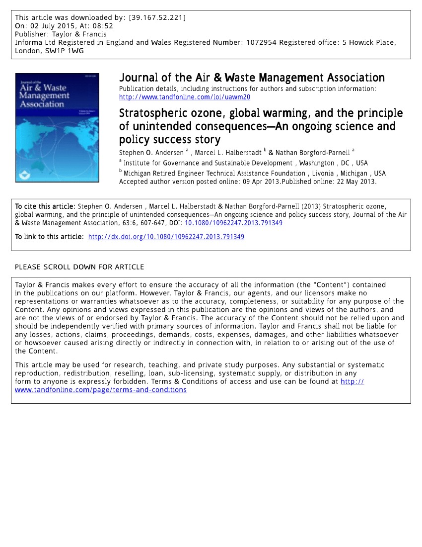 pdf stratospheric ozone global warming and the principle of unintended consequences an ongoing science and policy success story