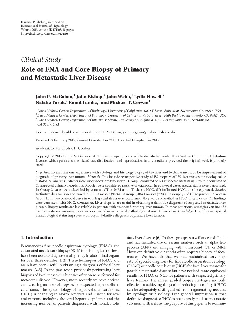 pdf role of fna and core biopsy of primary and metastatic liver disease