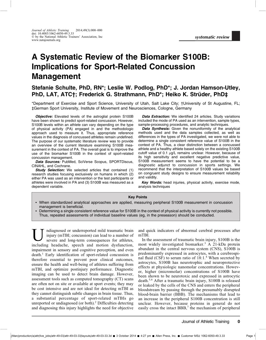 pdf a systematic review of the biomarker s100b implications for sport related concussion management