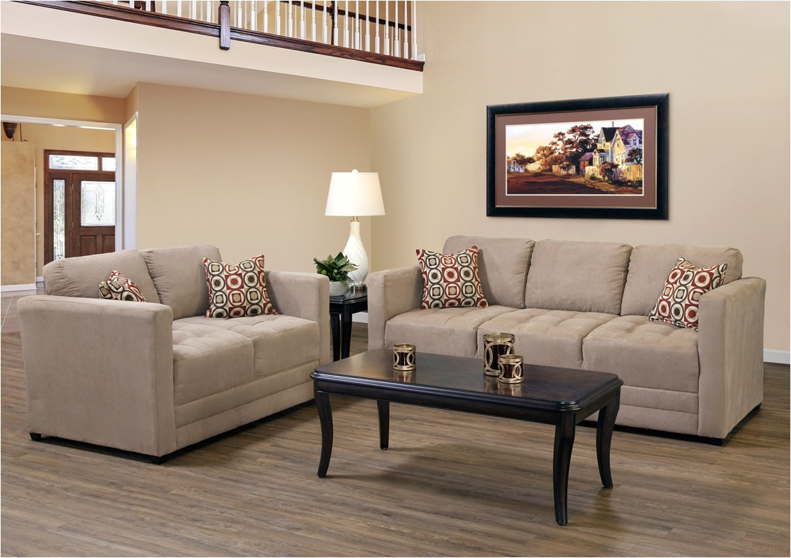 small couch and loveseat set in camel tan fabric small scale apartment size