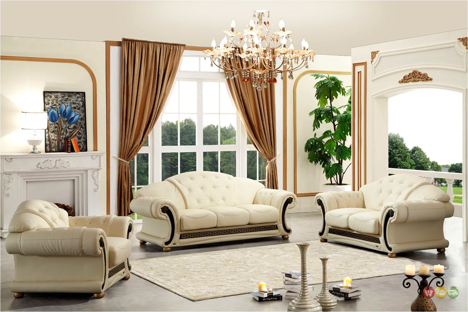 Versace Living Room Set Beige Versace Cleopatra Cream Italian top Grain Leather Beige