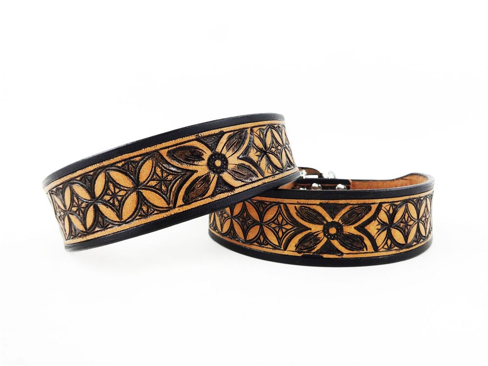 Western tooled Leather Dog Collars 10 Quot Black Tan Western Style Diamond Floral tooled