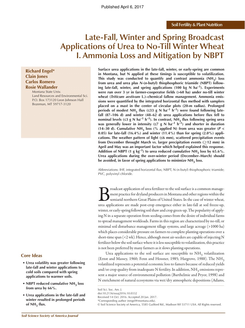 pdf late fall winter and spring broadcast applications of urea to no till winter wheat i ammonia loss and mitigation by nbpt