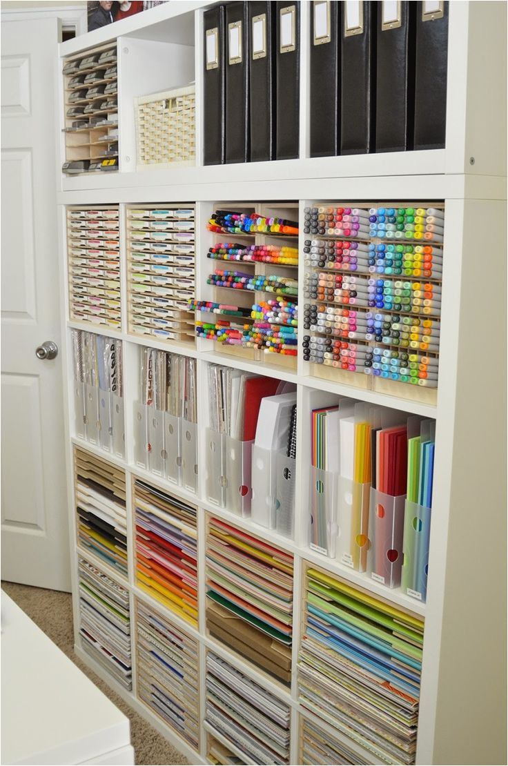 jeanne s has beautifully organized her craft room with ikea shelving and stamp n storage cabinets that are designed just for the kallax