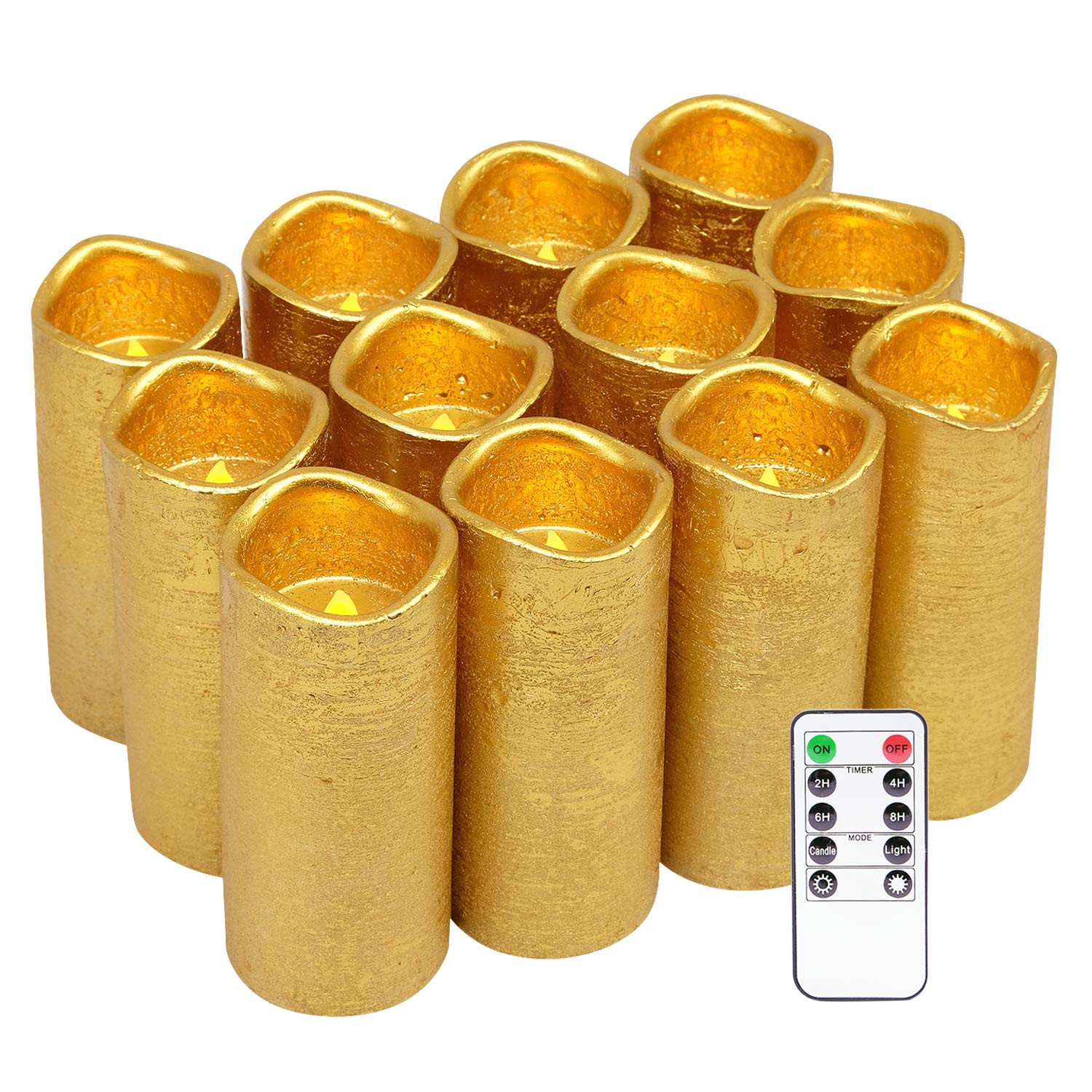 get quotations a eldnacele flameless candles flickering real wax battery operated led pillar gold coated candles set of 12