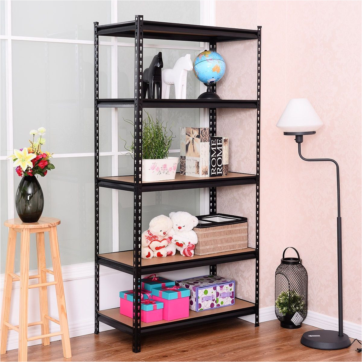 costway 72 5 level heavy duty shelf garage steel metal storage rack adjustable shelves black