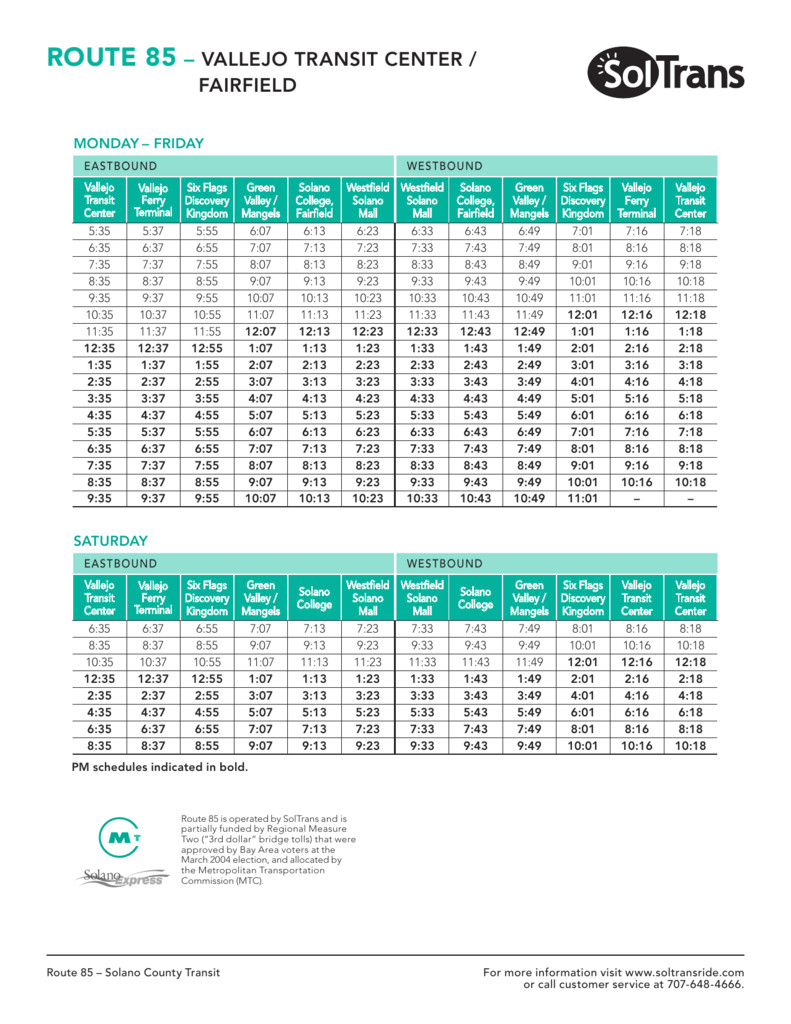 55 Bus Schedule Sacramento Ca Route 85 Vallejo Transit Center Fairfield