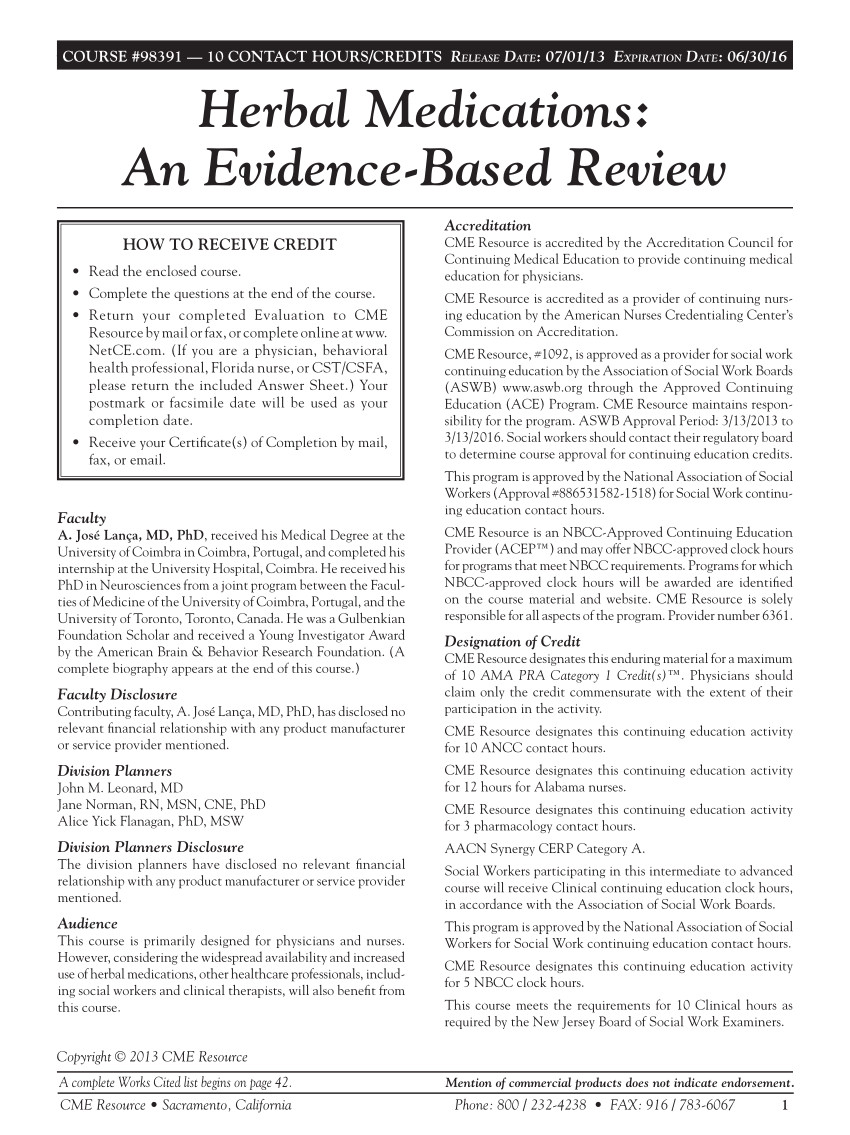 a j herbal medications an evidence based review 3rd edition cme resource sacramento ca usa http www netce com 942 course 98391 pdf 52 pages