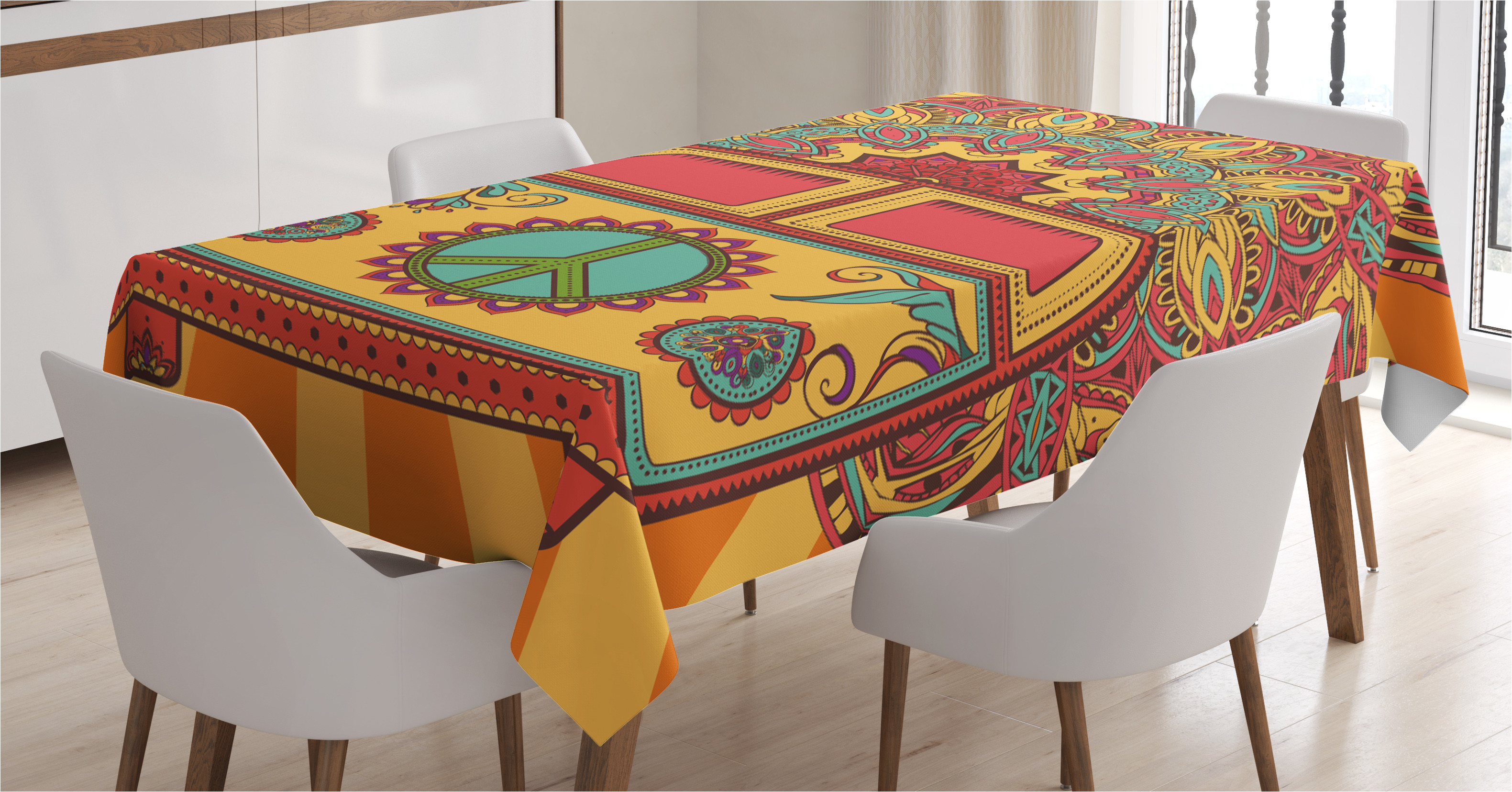 70s party decorations tablecloth hippie vintage mini van ornamental backdrop peace sign rectangular table cover for dining room kitchen 60 x 84 inches