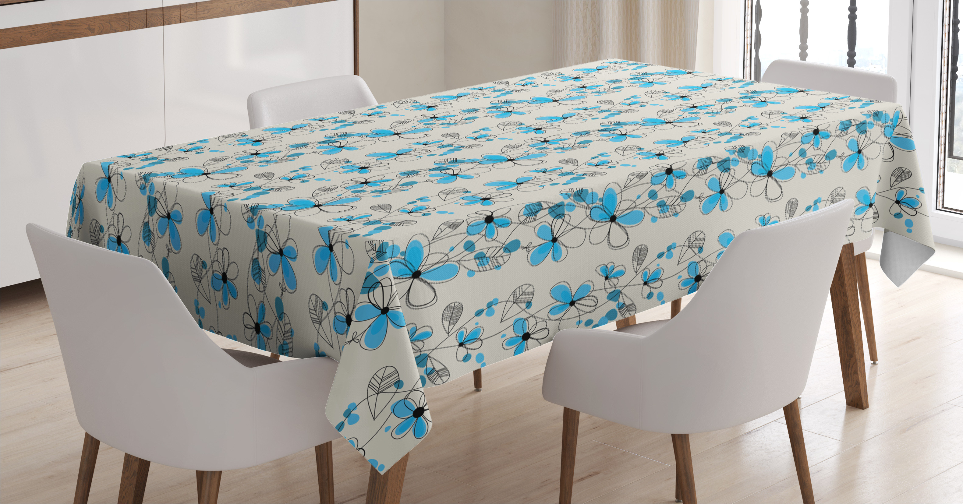 grey and blue tablecloth childish drawing of a field with blue daisy petals and skinny stems rectangular table cover for dining room kitchen 60 x 84