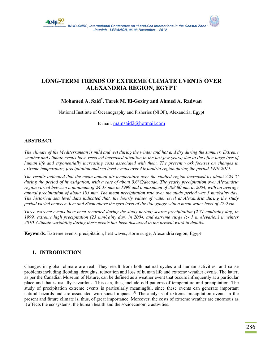 pdf long term trends of extreme climate events over alexandria region egypt