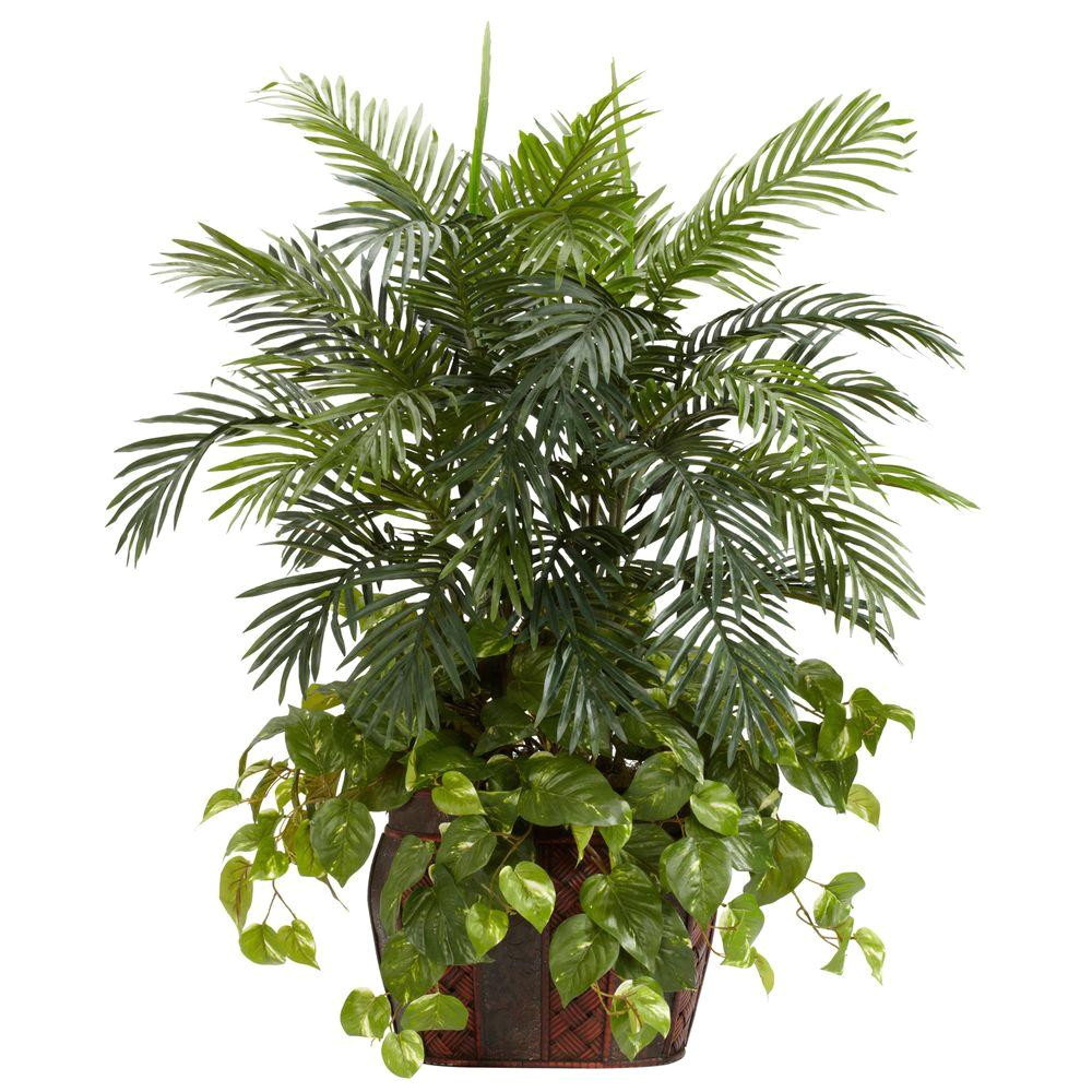 green double areca with vase and pothos silk plant