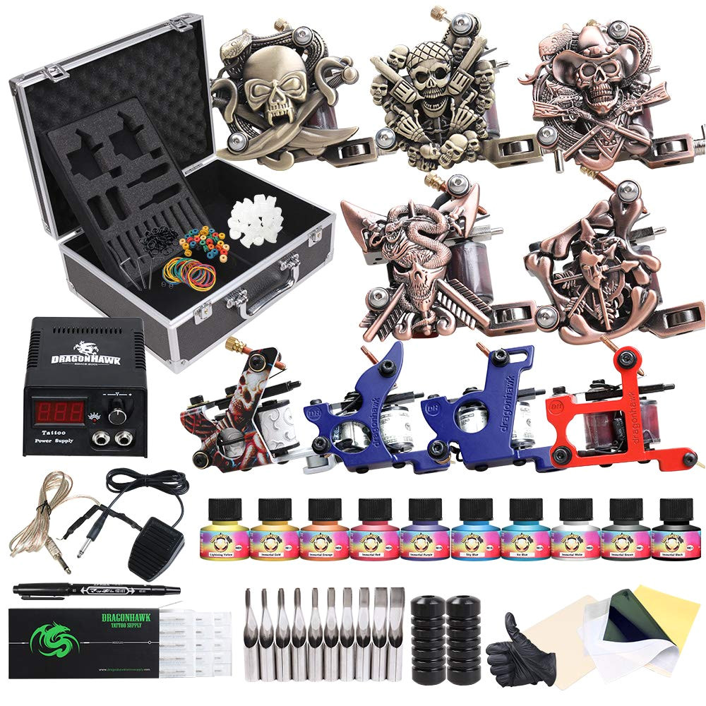 dragonhawk starter complete tattoo kit 9pcs colis tattoo machine gun power supply immortal tattoo inks 50