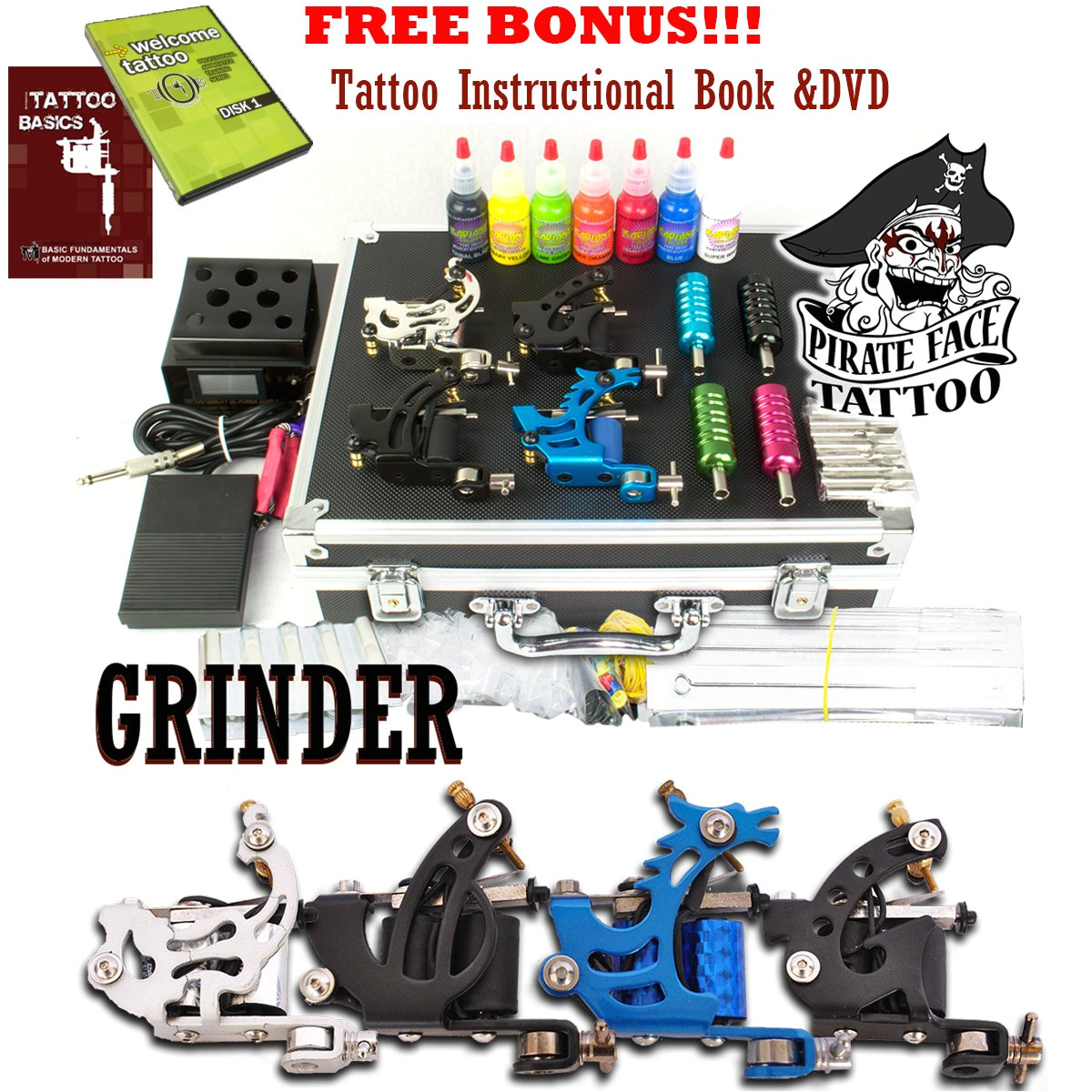 grinder tattoo kit by pirate face tattoo 4 tattoo machine guns power supply