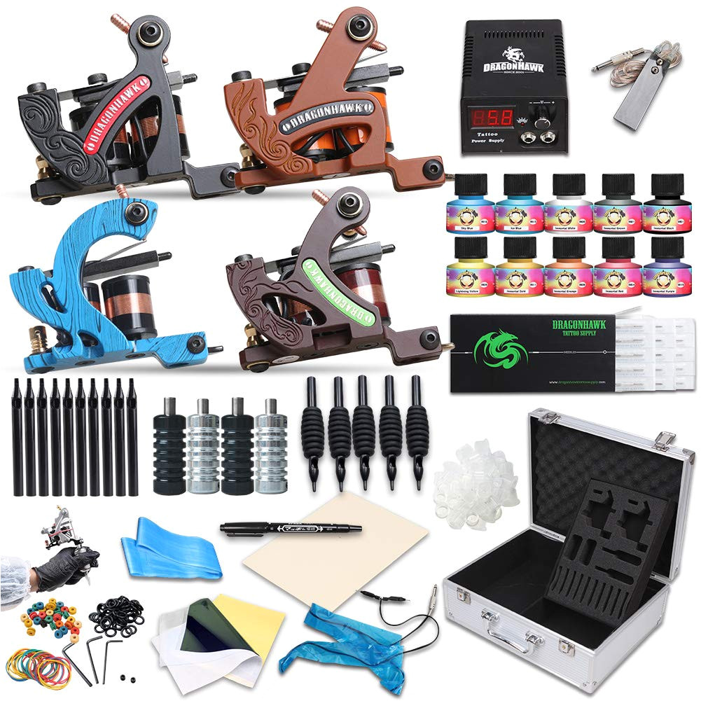 dragonhawk complete tattoo kit 4 standard tunings tattoo machines power supply 10 color immortal tattoo inks