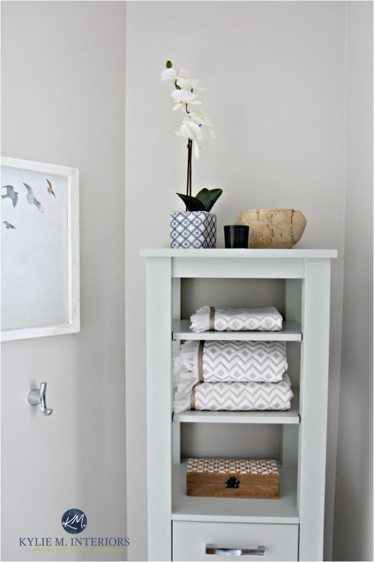 benjamin moore classic gray is great for home staging and selling with bathroom decor and linen