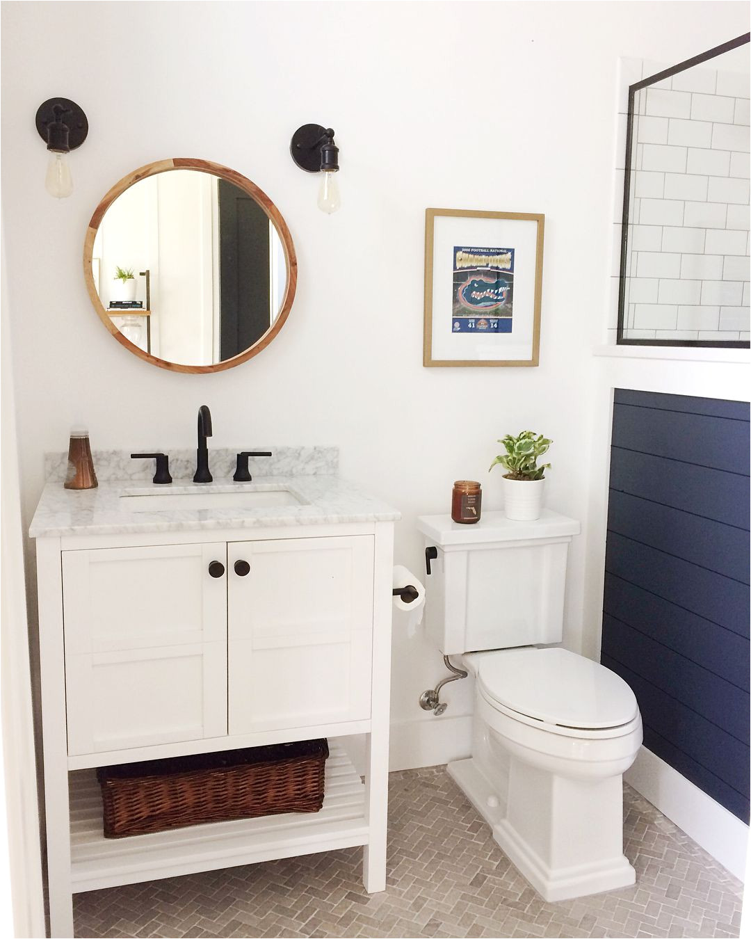 benjamin moore hale navy shiplap wall modern farmhouse bathroom