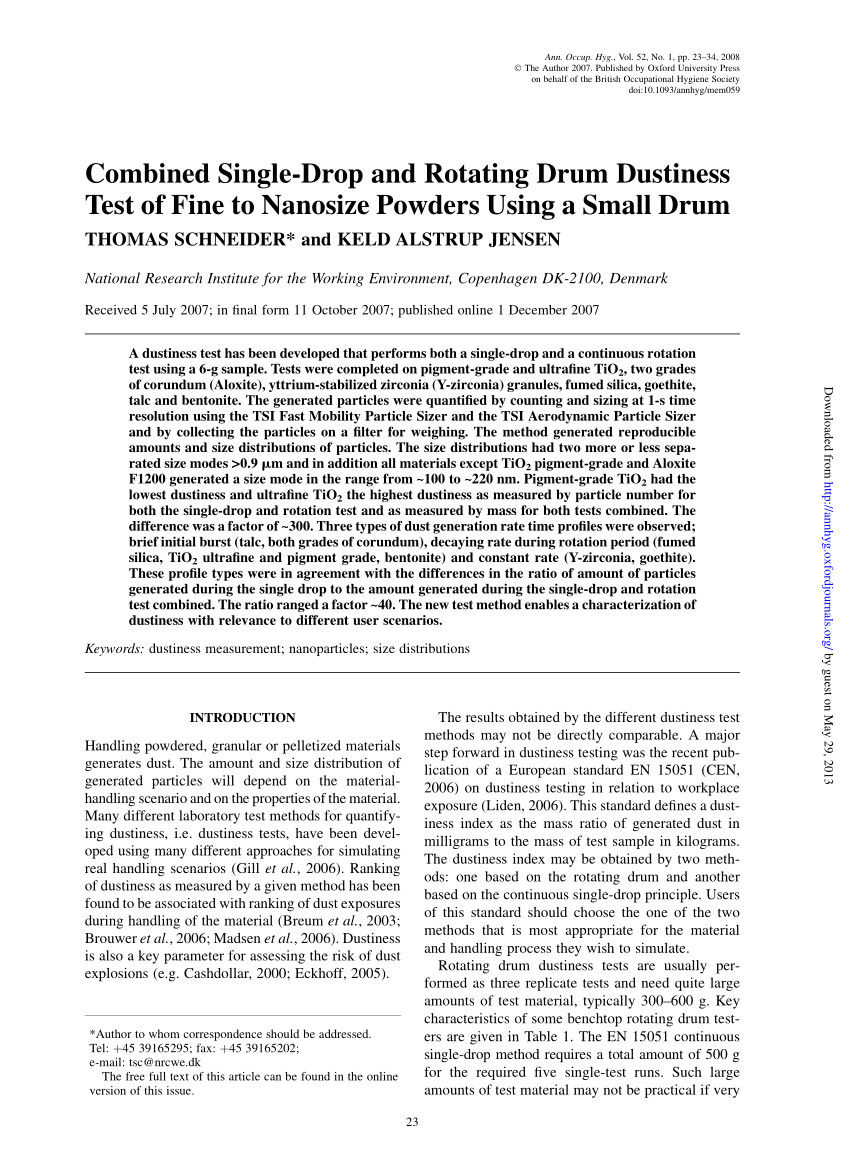 pdf combined single drop and rotating drum dustiness test of fine to nanosize powders using a small drum