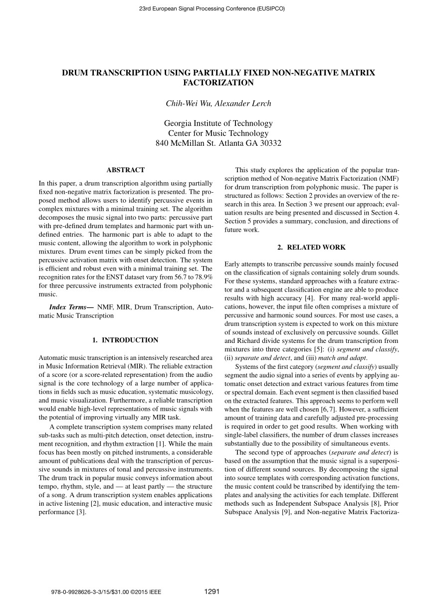 pdf transcription and separation of drum signals from polyphonic music