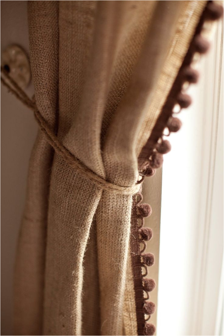 burlap curtain trim makes it special would love to add velvet draw pair w dotted swiss sheers