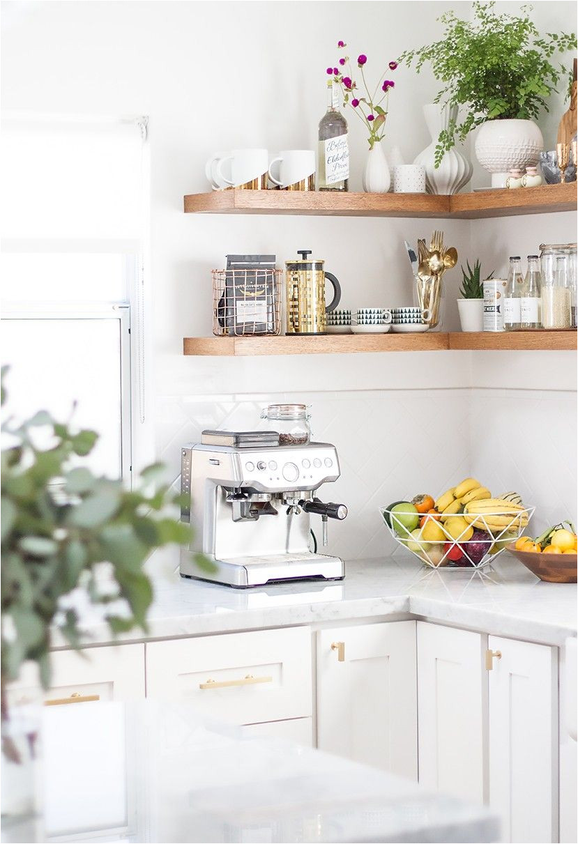 tour a wedding blogger s stunning renovated kitchen via mydomaine coffee corner kitchen corner shelves