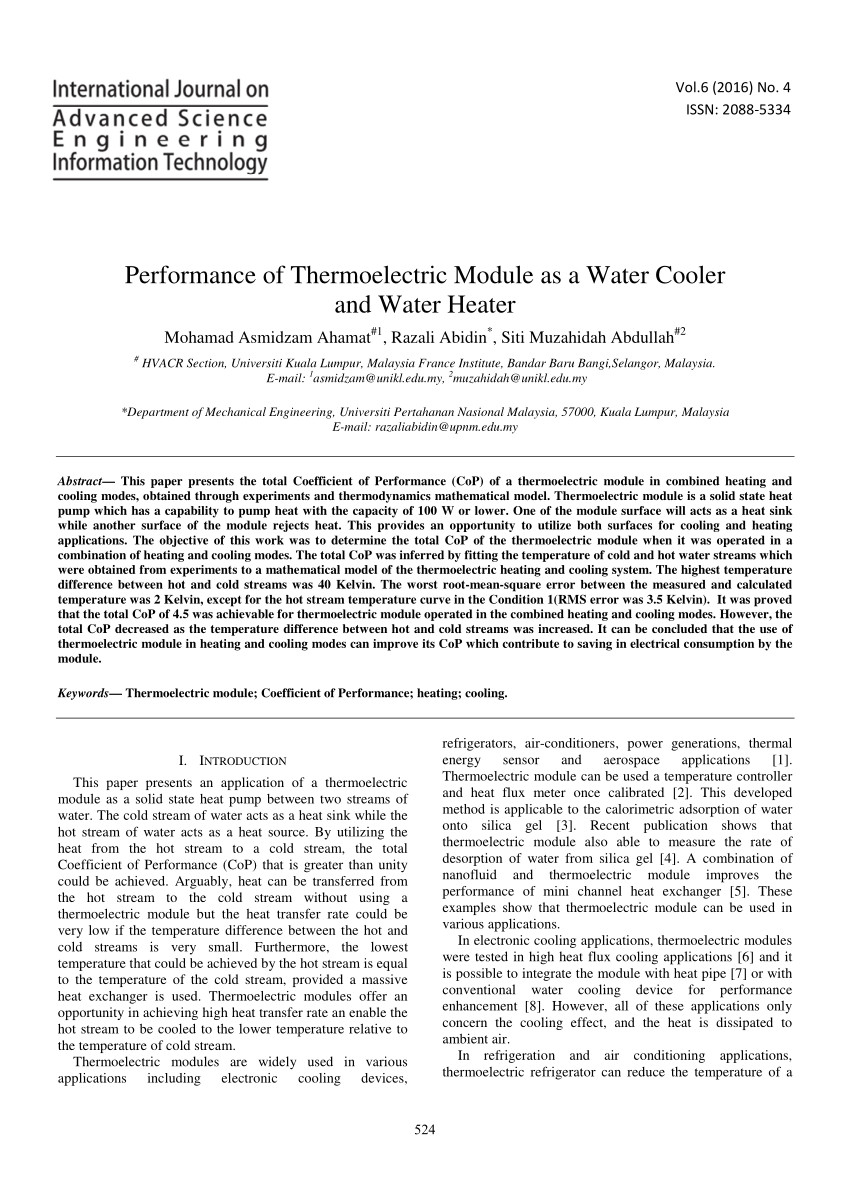 pdf performance of thermoelectric module as a water cooler and water heater