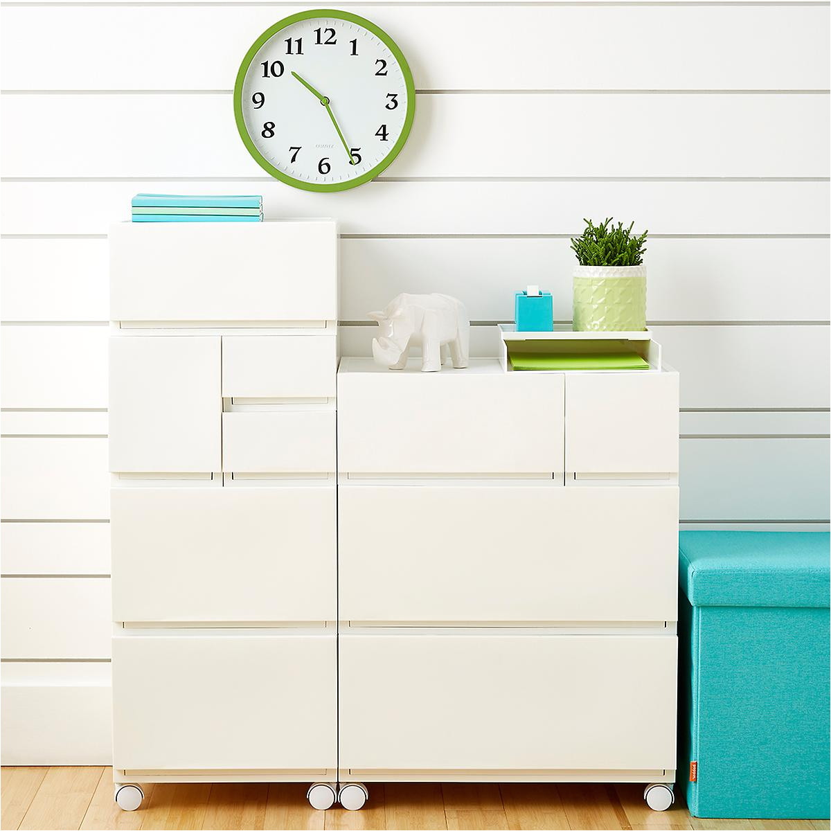 white opaque modular stackable drawers