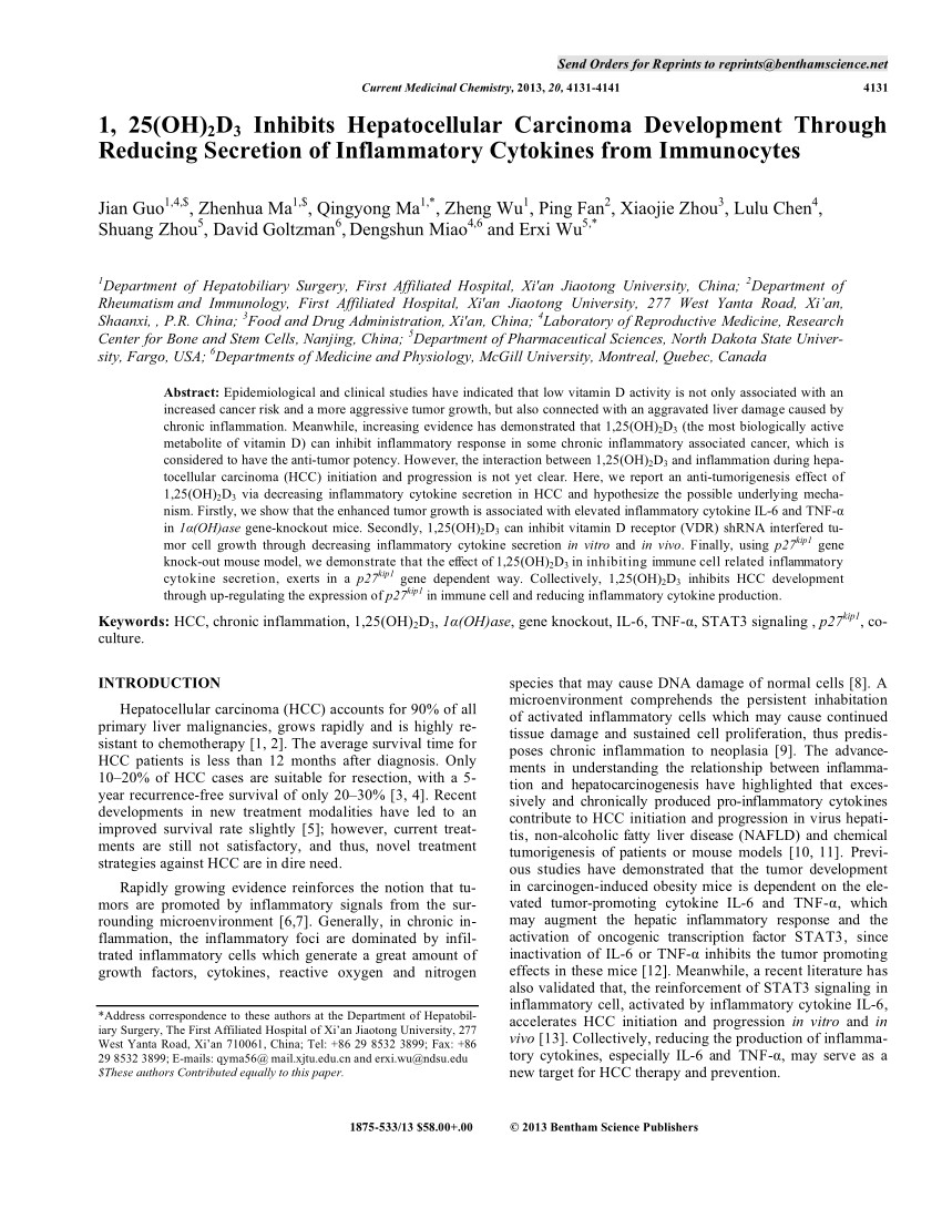 pdf 1 25 oh sub 2 sub d sub 3 sub inhibits hepatocellular carcinoma development through reducing secretion of inflammatory cytokines from immunocytes