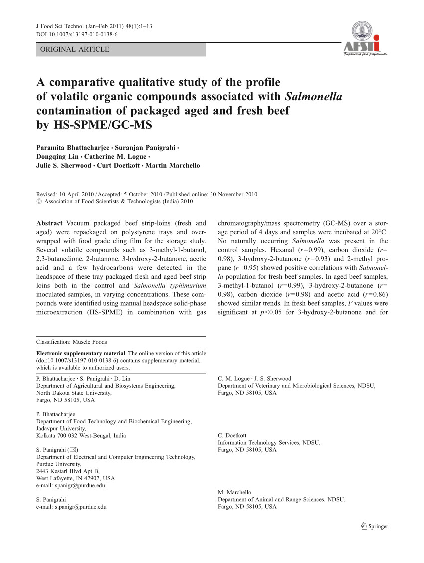 pdf a comparative qualitative study of the profile of volatile organic compounds associated with salmonella contamination of packaged aged and fresh beef