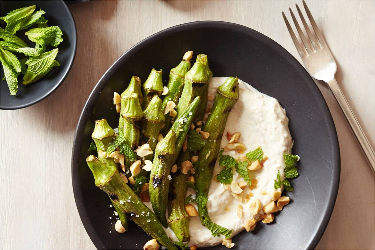 grilled okra with spiced yogurt peanuts and mint 20 minute recipe wsj