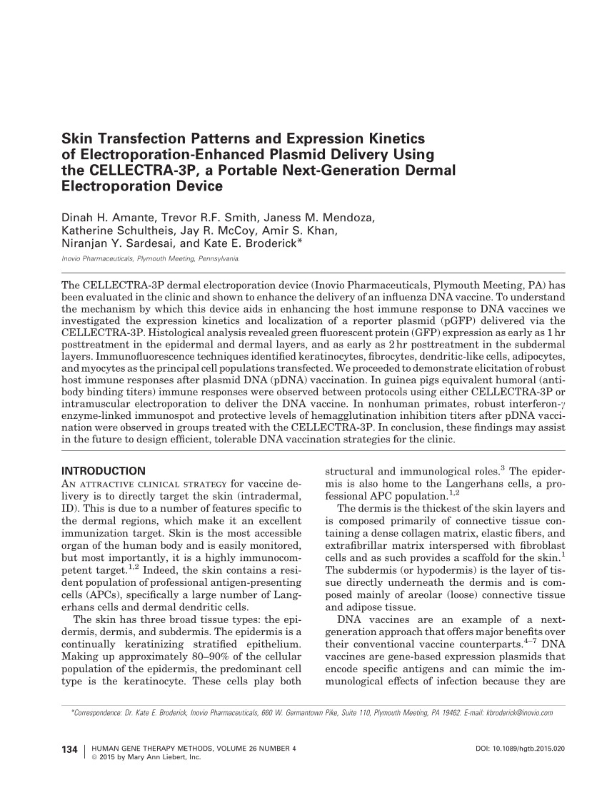 pdf skin transfection patterns and expression kinetics of electroporation enhanced plasmid delivery using the cellectra 3p a portable next generation