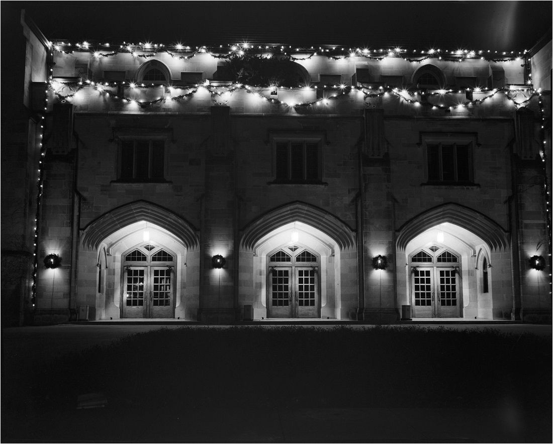 photograph of hoch auditorium with holiday lights 1954