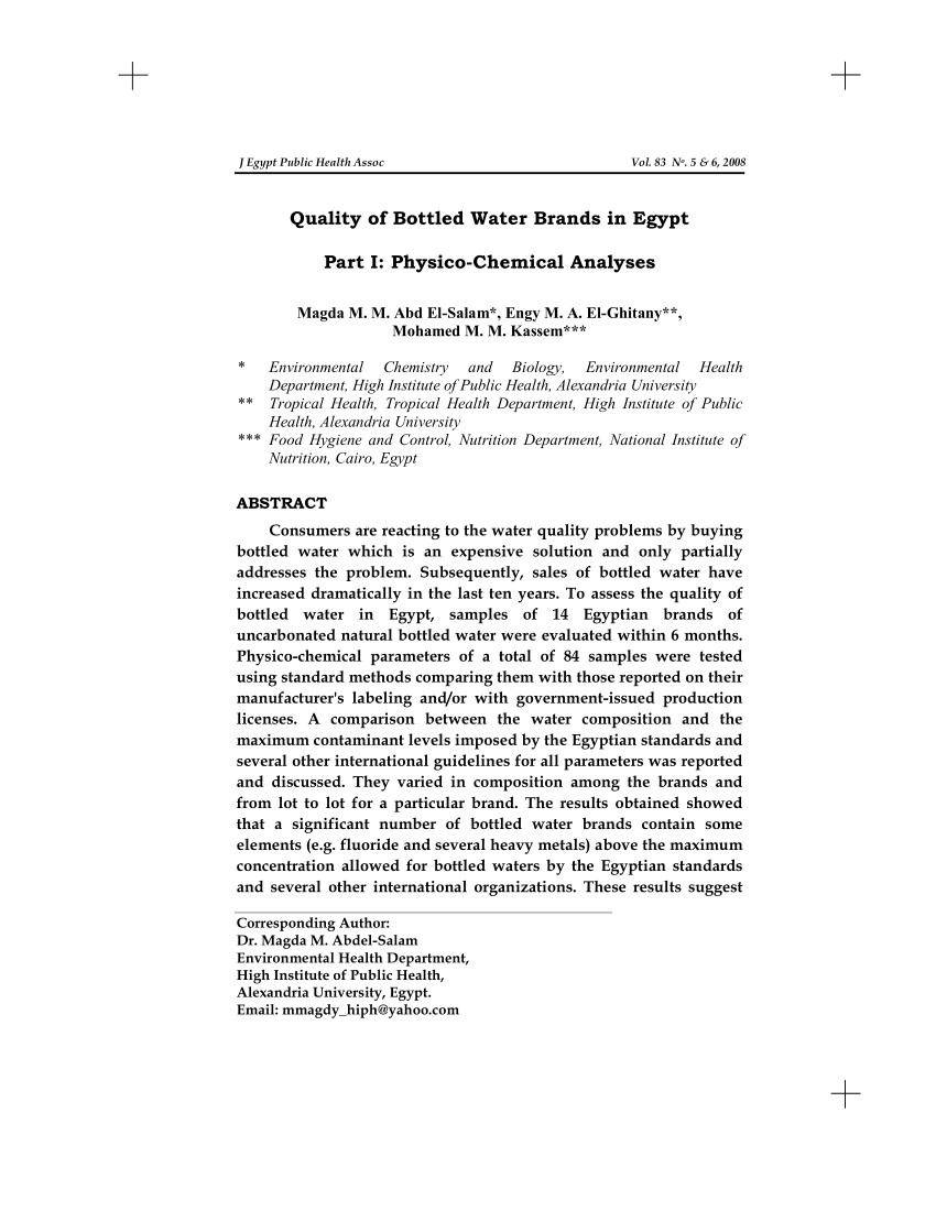 pdf quality of bottled water brands in egypt part i physico chemical analyses