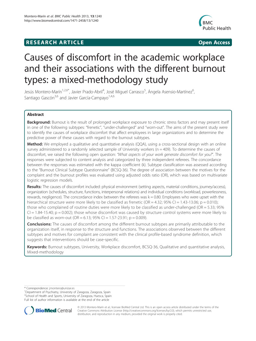 pdf causes of discomfort in the academic workplace and their associations with the different burnout types a mixed methodology study