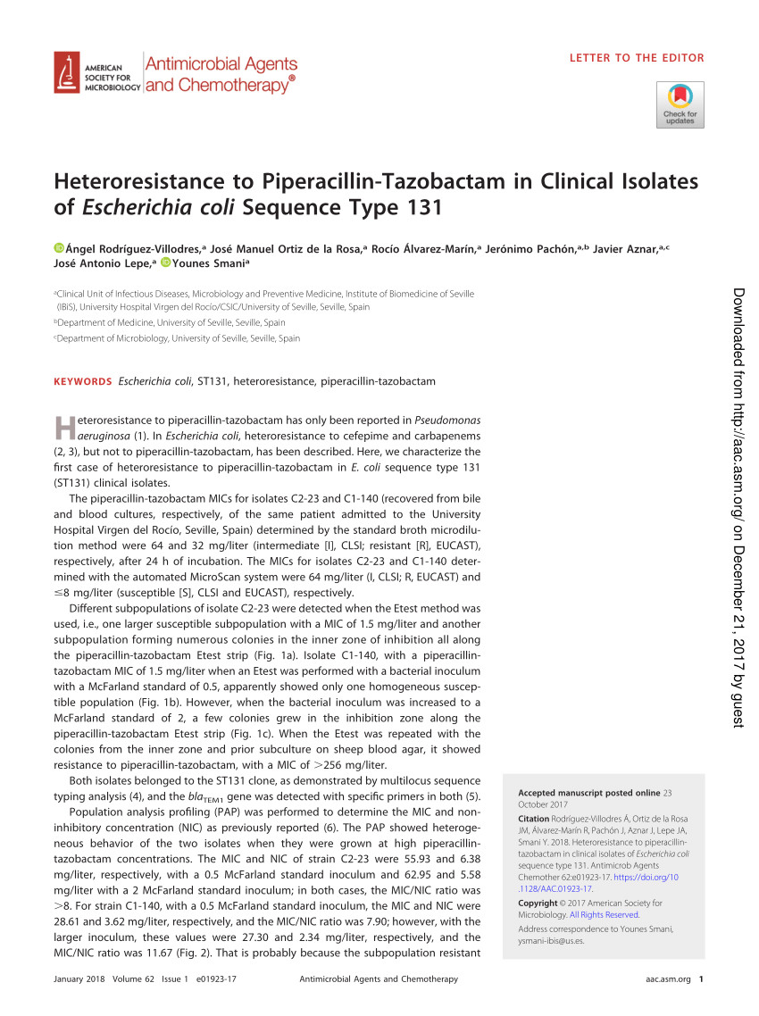 pdf heteroresistance to piperacillin tazobactam in clinical isolates of escherichia coli st131